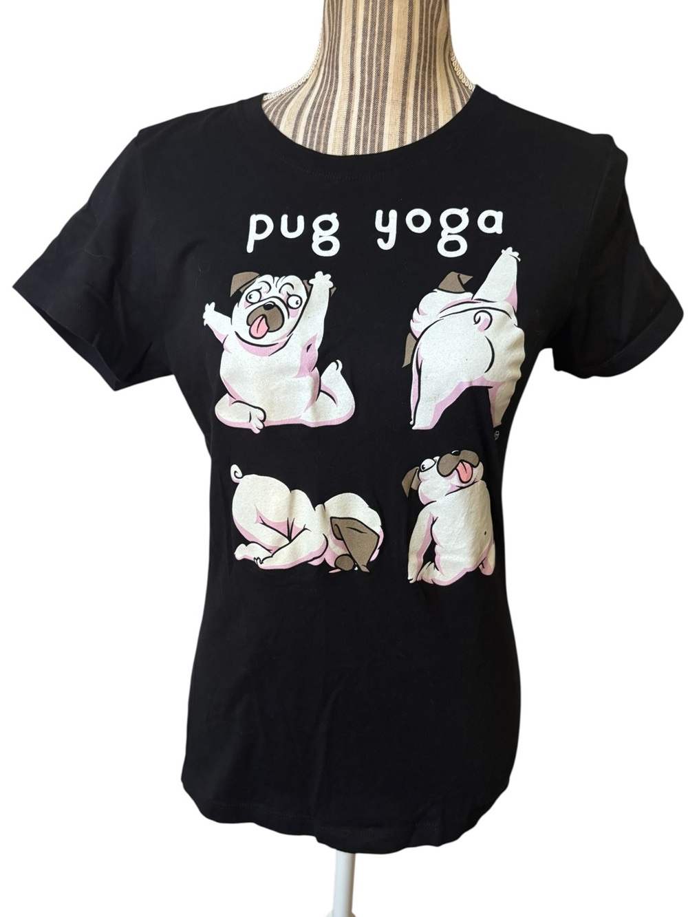 Pug Yoga Graphic Tee Med Black White Pug Dogs in Yoga Poses - Goodie Two Sleeves